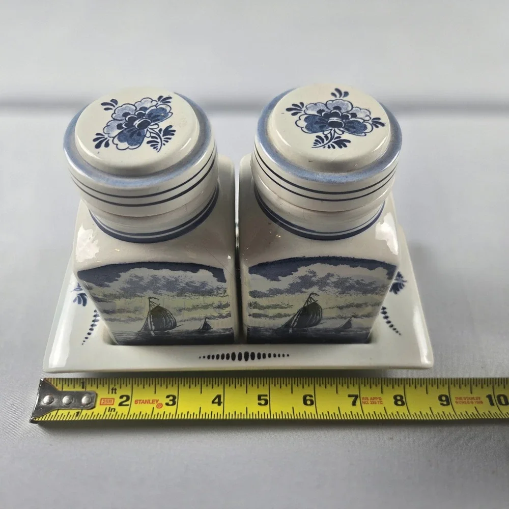Vintage Delfts Blauw Condiment Set 2 Jars And Tray Hand Painted, Holland